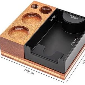 Deluxe wooden tamper station with knock box and D1 tamper